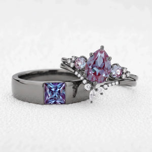 Sylvie’s Mirage | Alexandrite Pear Cluster & Princess Band Couple Set 3pcs