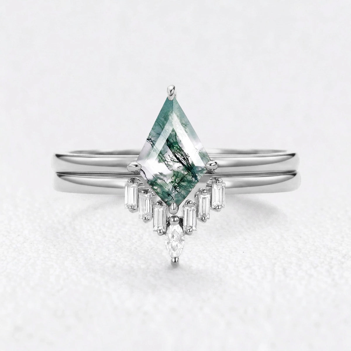 Helena’s Arbor | Kite Moss Agate with Baguette Chevron Bridal Duo