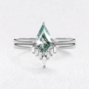 Helena’s Arbor | Kite Moss Agate with Baguette Chevron Bridal Duo