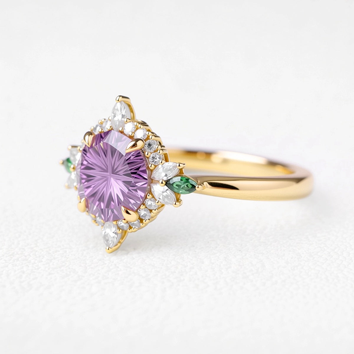 Rosalind’s Lilac | 1CT Fantasy-Cut Round Lavender Sapphire Halo Engagement Ring