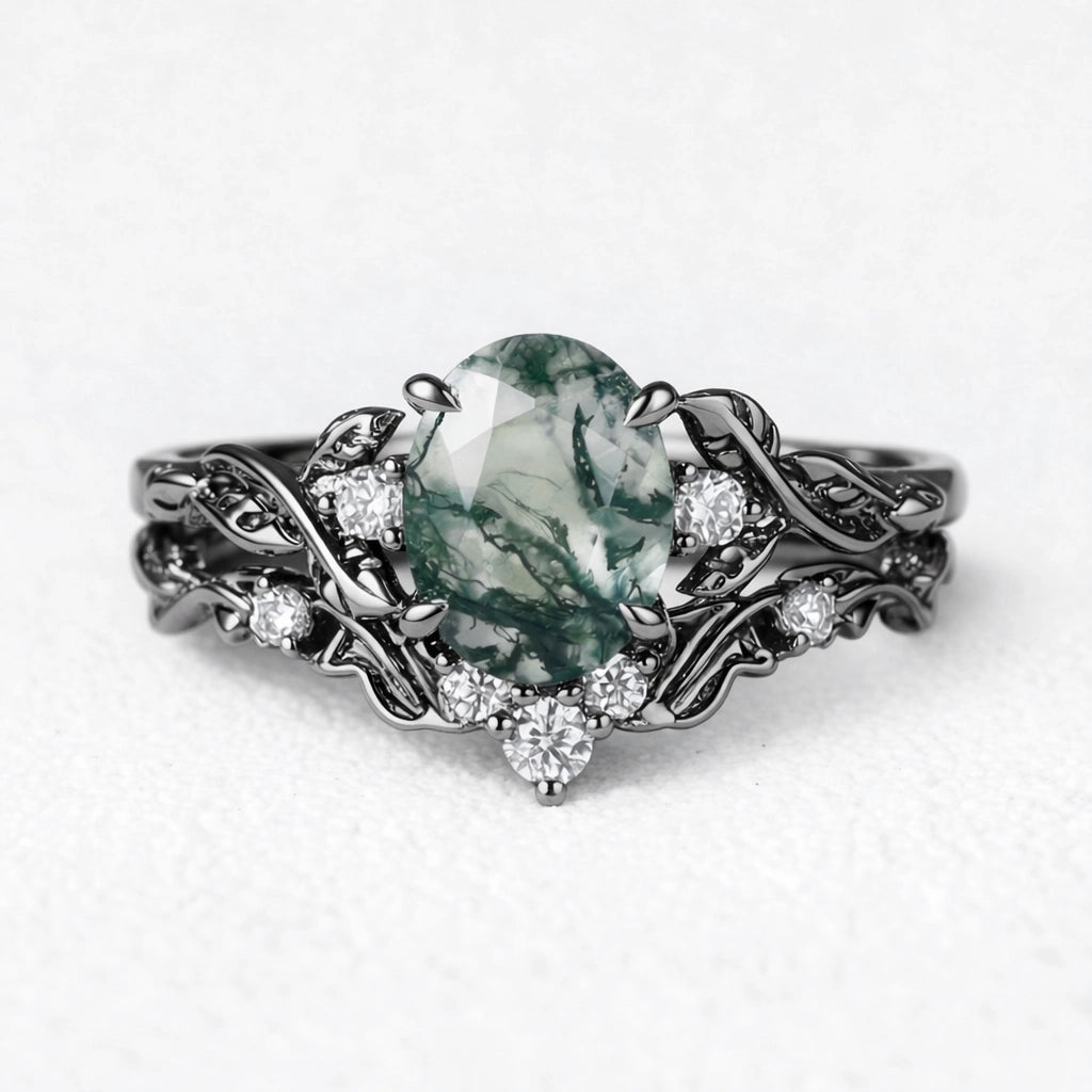 Rosalind’s Arbor | Oval Cut Moss Agate Leaf Branch Bridal Set 2pcs