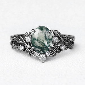 Rosalind’s Arbor | Oval Cut Moss Agate Leaf Branch Bridal Set 2pcs
