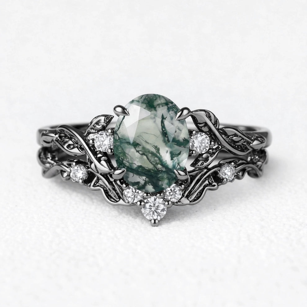 Rosalind’s Arbor | Oval Cut Moss Agate Leaf Branch Bridal Set 2pcs
