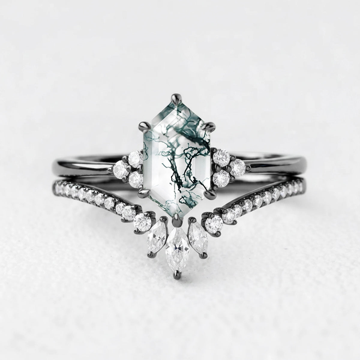 Rowan‘s Glade | Hexagon Cut Moss Agate Chevron Bridal Duo