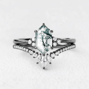 Rowan‘s Glade | Hexagon Cut Moss Agate Chevron Bridal Duo