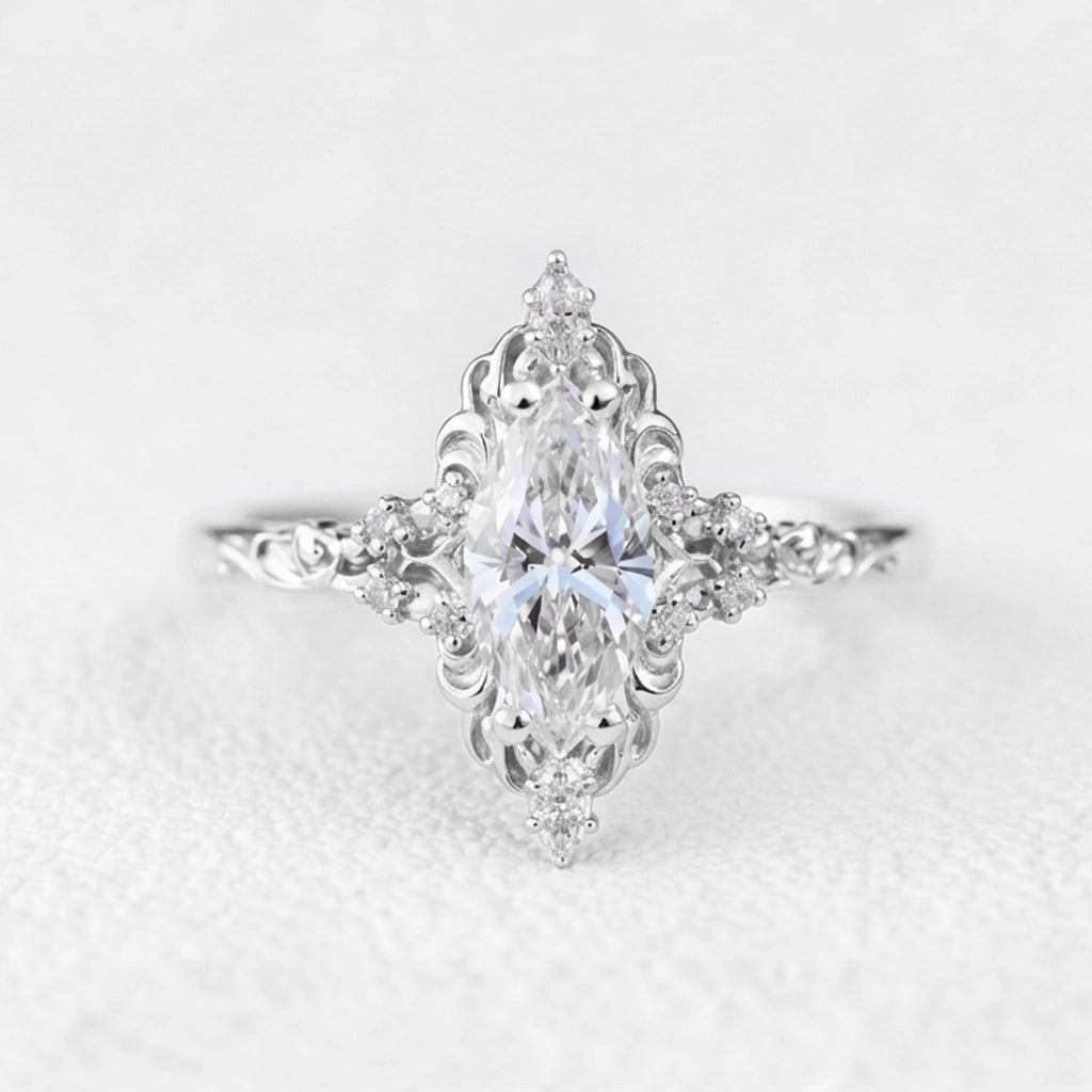 Aurora Swirl | Marquise Diamond Ring with Filigree Setting.