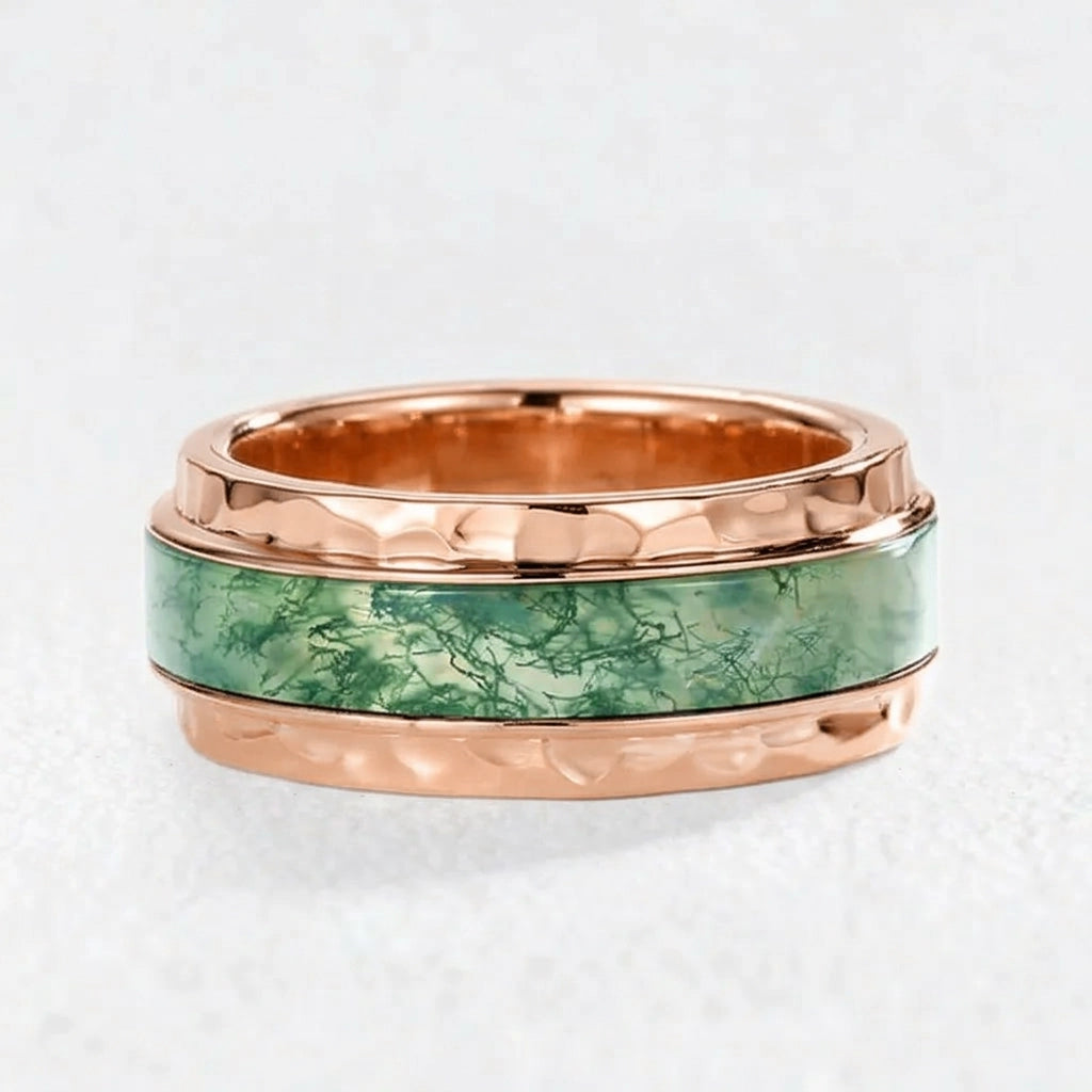 Vidar’s Forge | 8MM Hammered Moss Agate Inlay Men's Wedding Band.