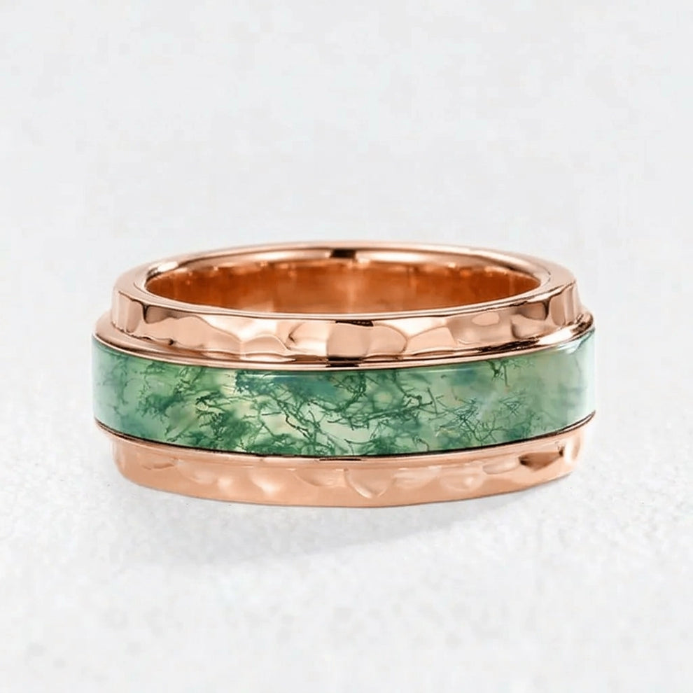 Vidar’s Forge | 8MM Hammered Moss Agate Inlay Men's Wedding Band.