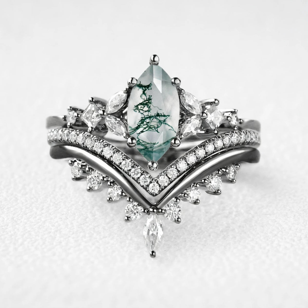 Sylvie’s Convergence | Marquise Moss Agate Chevron Trio Bridal Set