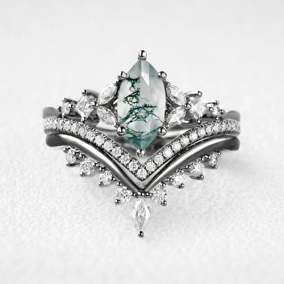 Sylvie’s Convergence | Marquise Moss Agate Chevron Trio Bridal Set