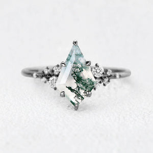 Elara’s Drift | Large Kite Cut Moss Agate Engagement Ring.
