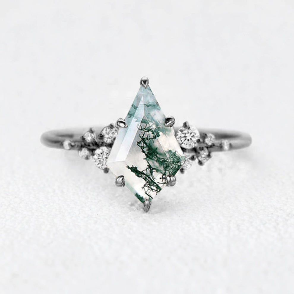 Elara’s Drift | Large Kite Cut Moss Agate Engagement Ring.