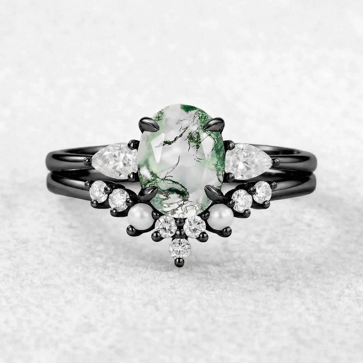 Nancy Oval Cut Moss Agate Vintage Gold Ring Set 2pcs.