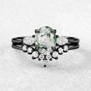 Nancy Oval Cut Moss Agate Vintage Gold Ring Set 2pcs.
