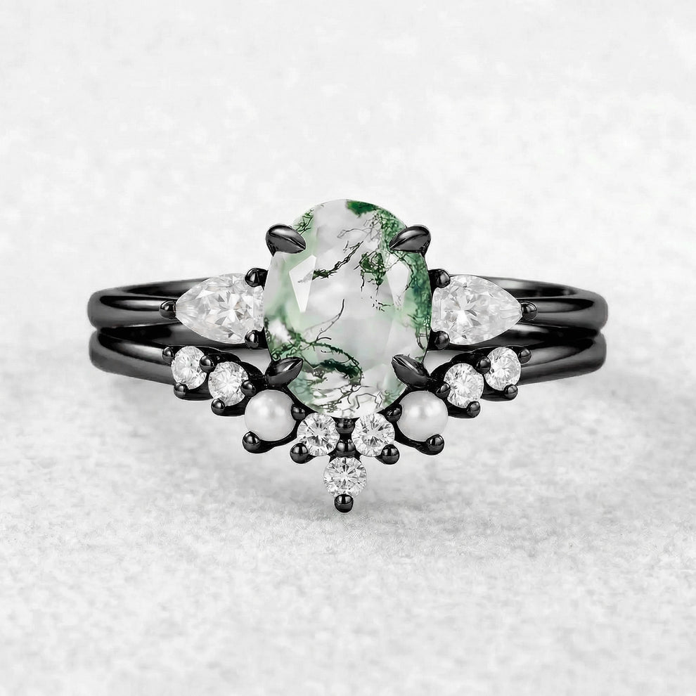 Nancy Oval Cut Moss Agate Vintage Gold Ring Set 2pcs.