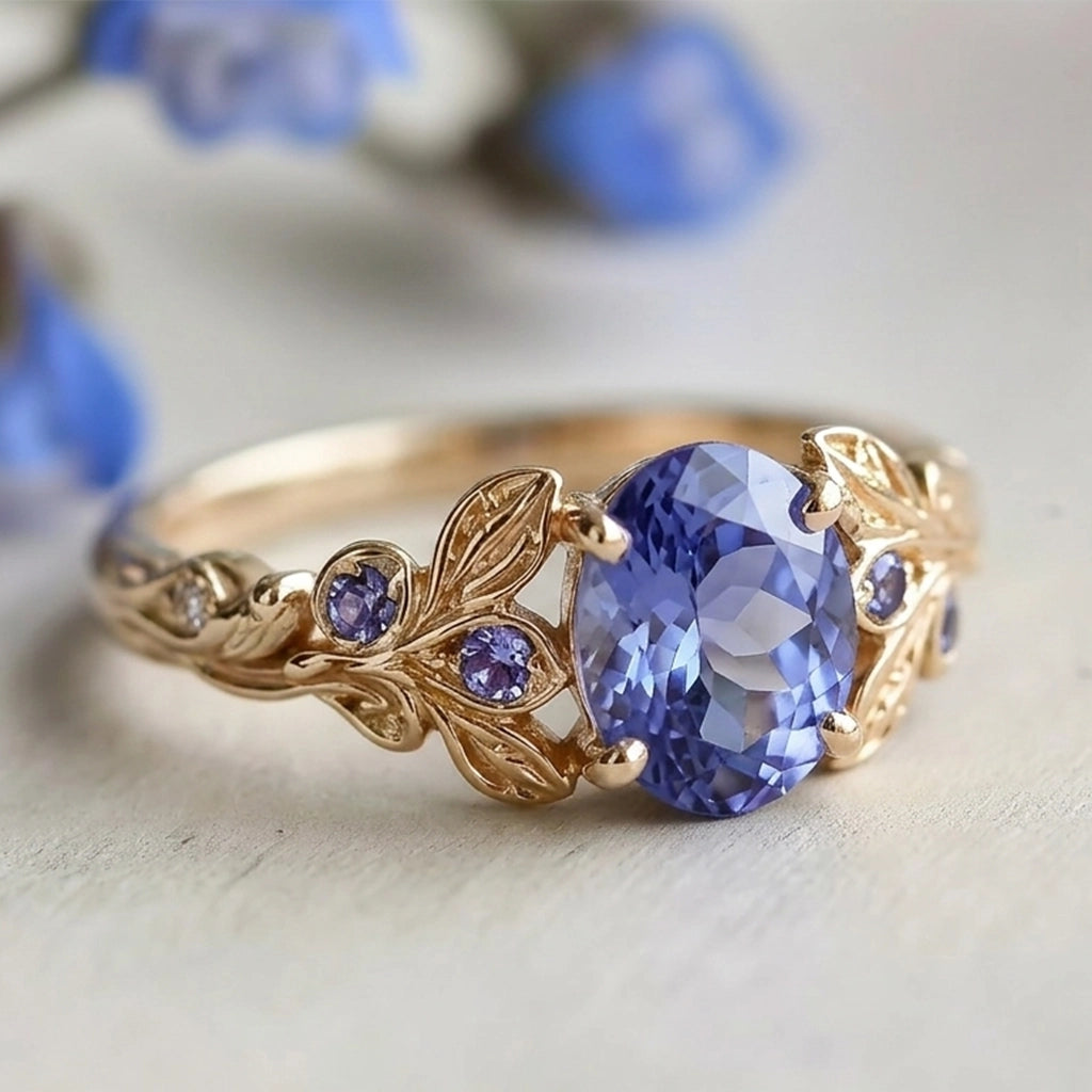 Aria‘s Glade | Oval Cut Tanzanite & Blue Diamond Leaf Engagement Ring.