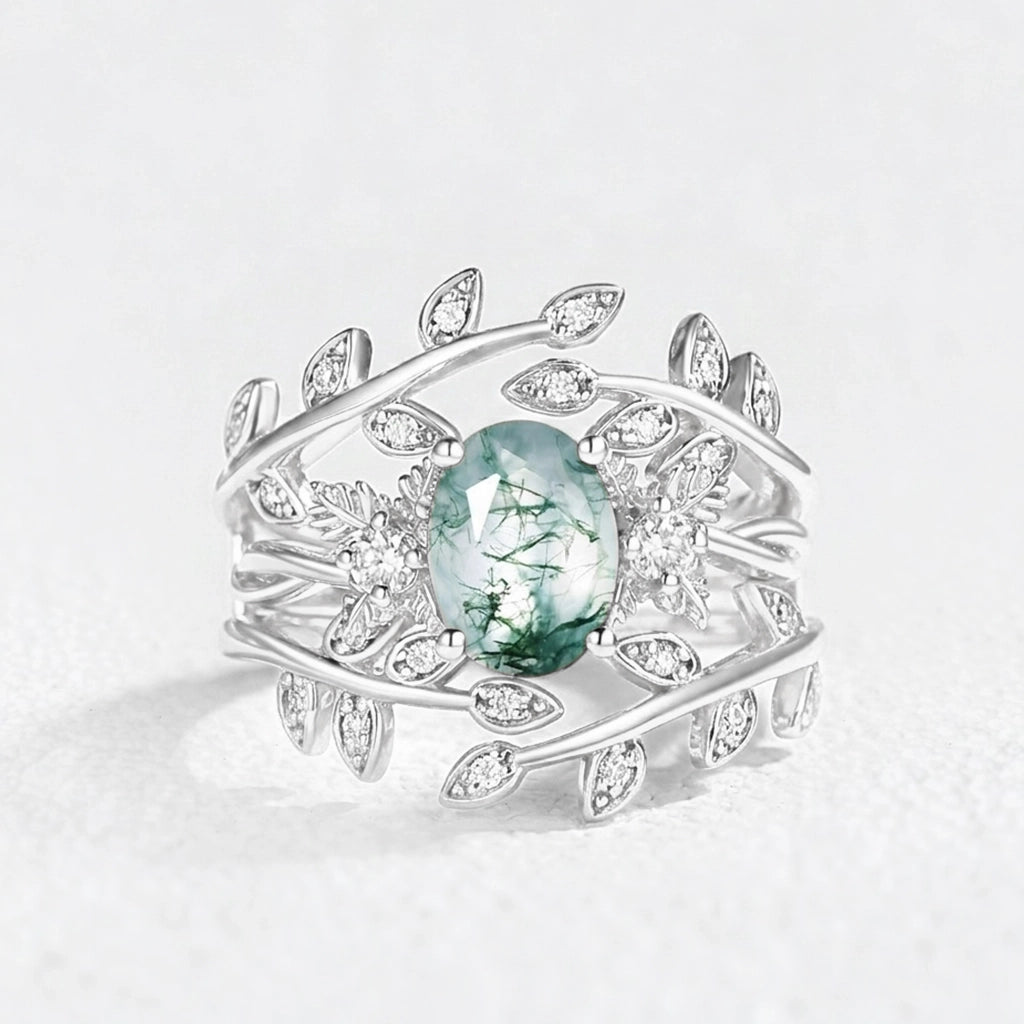 Léonie Oval Cut Moss Agate Leafy Enhancer Ring Set 2pcs.