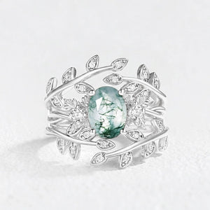 Léonie Oval Cut Moss Agate Leafy Enhancer Ring Set 2pcs.