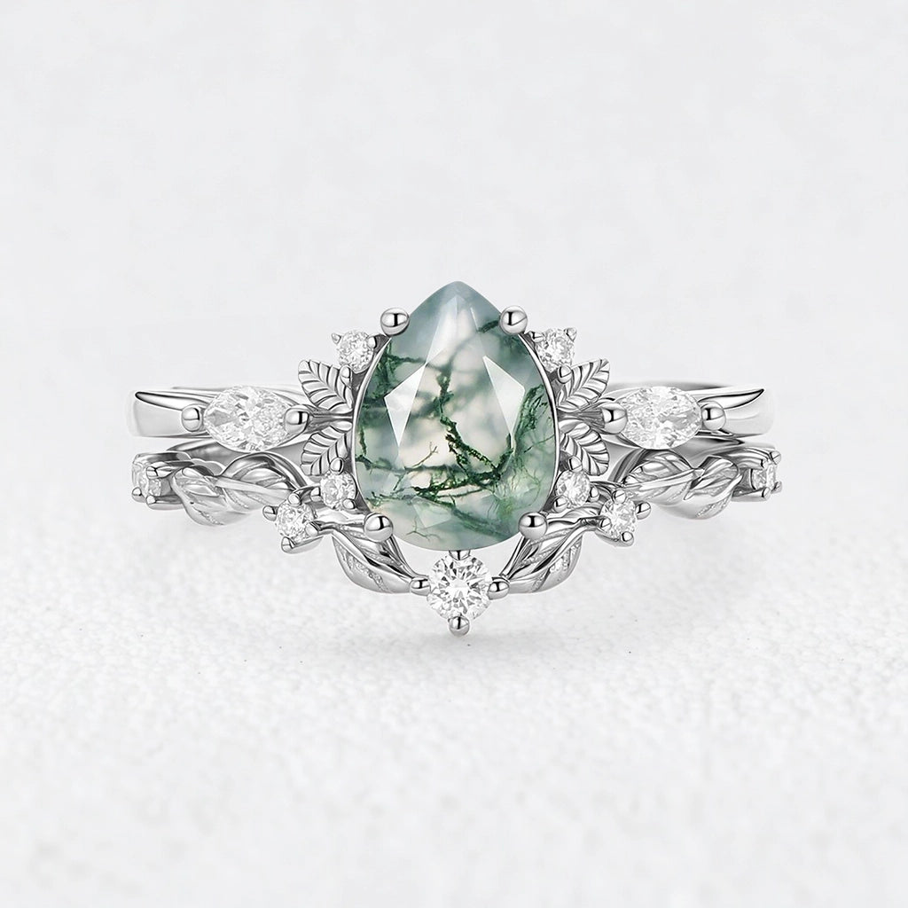 Aurora’s Fairy Bower | Pear Shaped Moss Agate Leafy Bridal Set 2pcs
