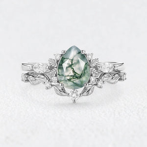 Aurora’s Fairy Bower | Pear Shaped Moss Agate Leafy Bridal Set 2pcs