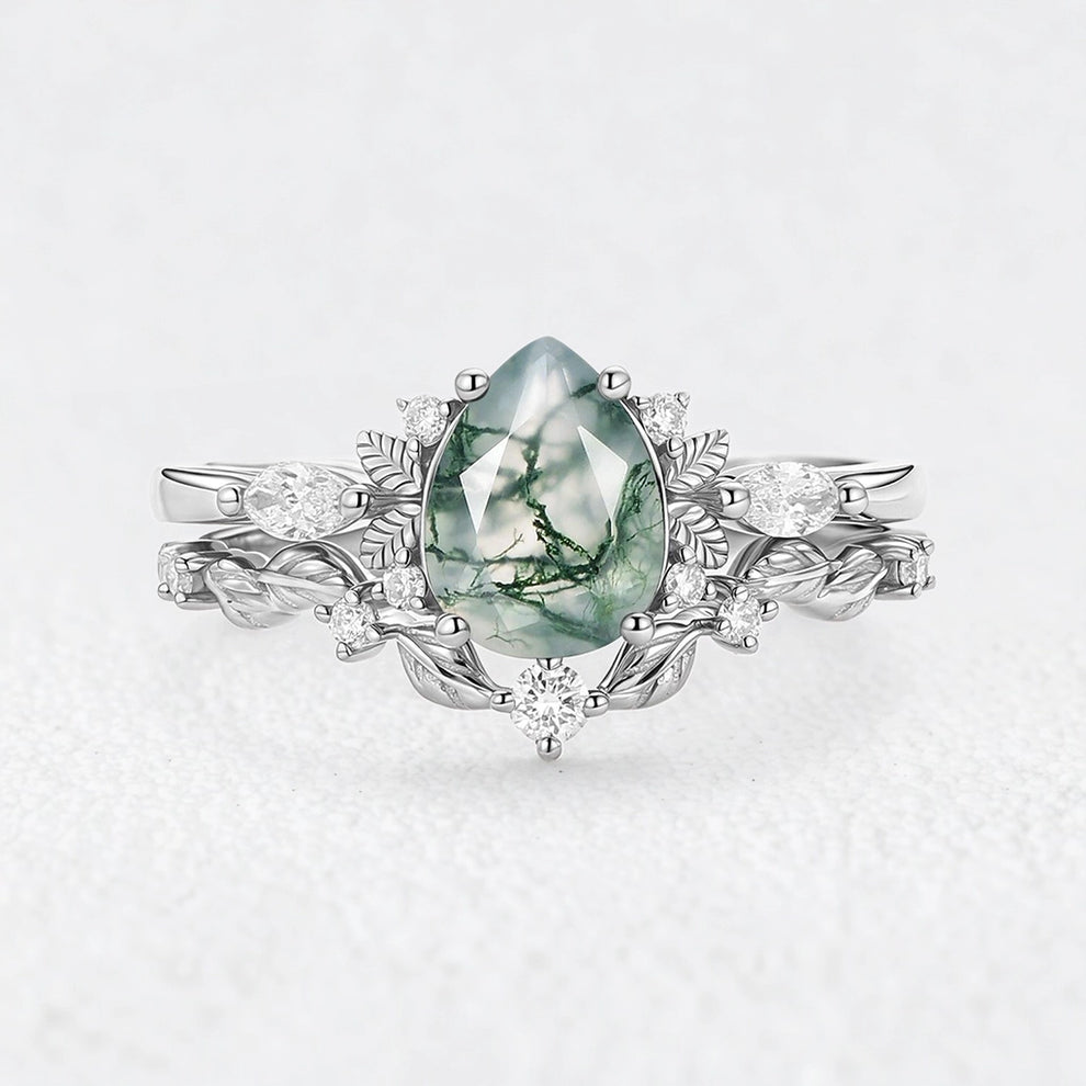 Aurora’s Fairy Bower | Pear Shaped Moss Agate Leafy Bridal Set 2pcs
