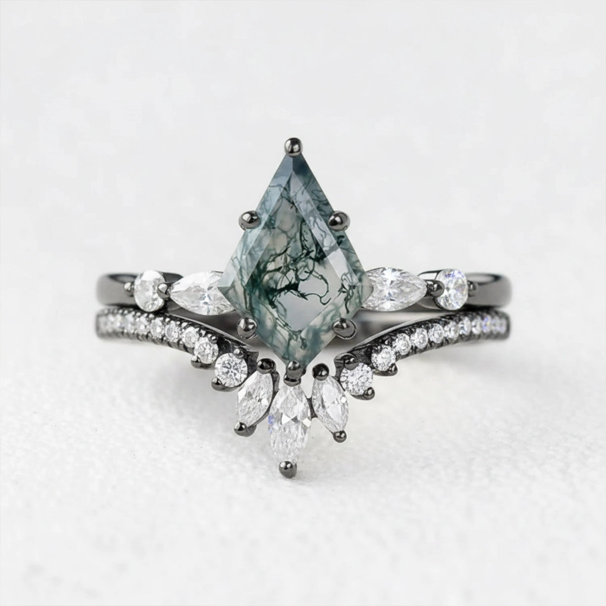 Seraphina's Whisper | Kite Cut Moss Agate Chevron Bridal Duo