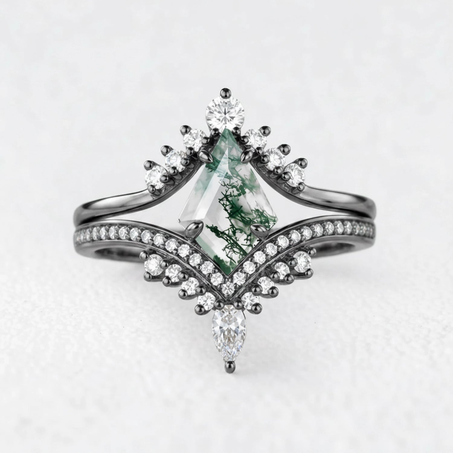 Cassandra’s Wildwood | Kite Cut Moss Agate Chevron Bridal Duo