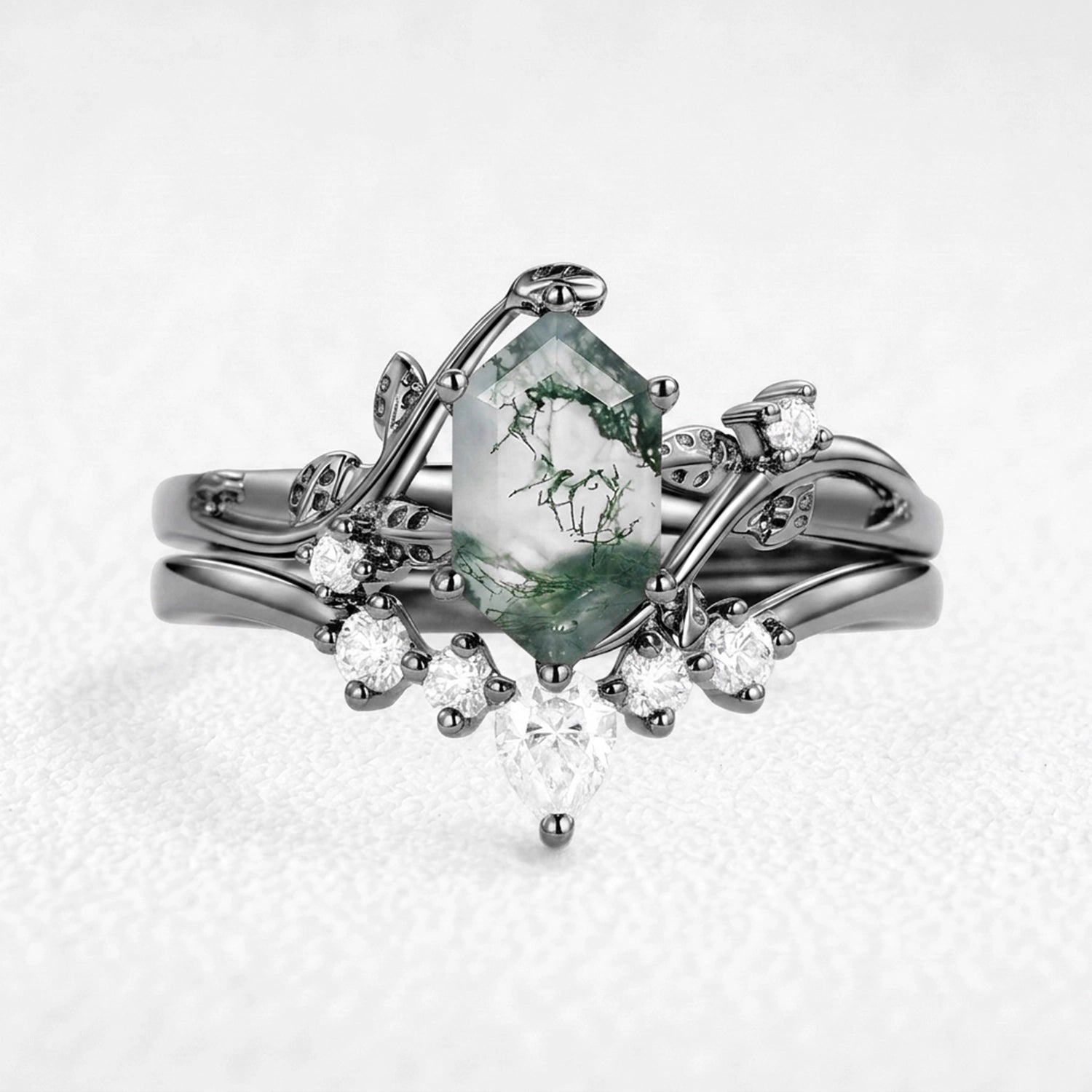 Olive’s Glade | Hexagon Cut Moss Agate Foliage Bridal Duo