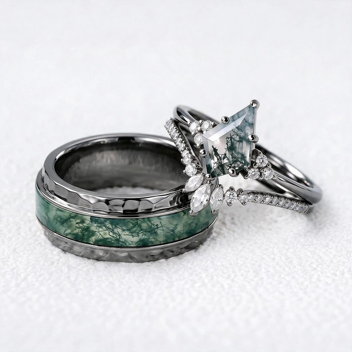 Genevieve’s Harmony | Luxurious Eternal Moss Agate Couple Ring Set 3pcs