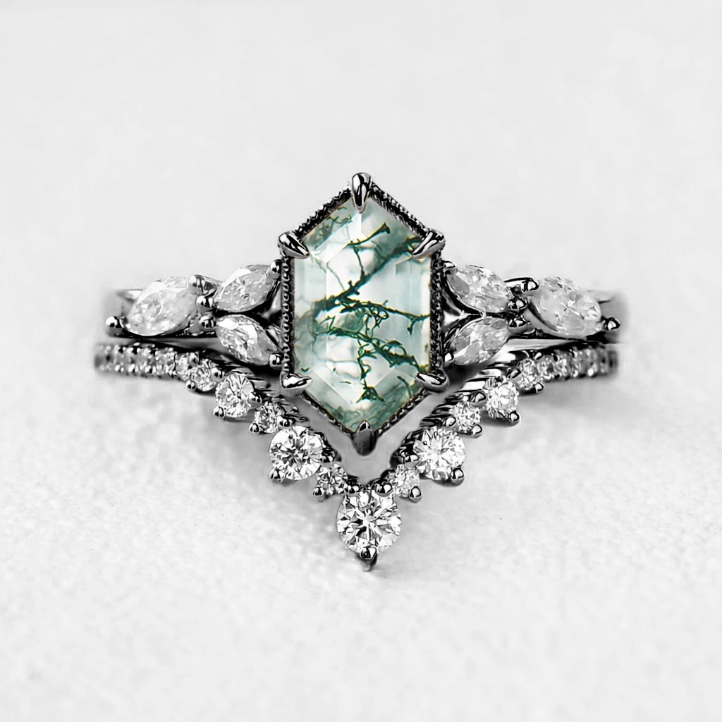 Sylvie’s Grove | Vintage Long Hexagon Moss Agate Cluster Bridal Set 2pcs.