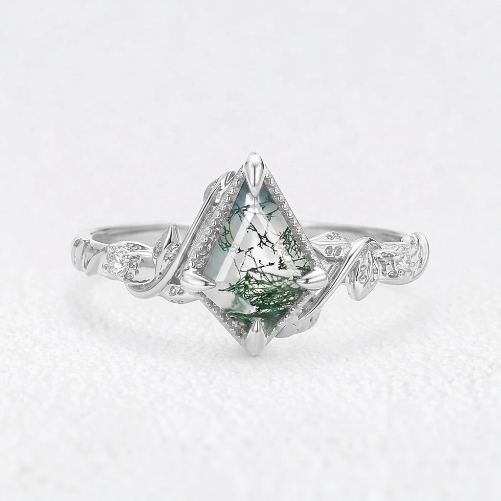 Leafy Kite Cut Moss Agate & Moissanite Engagement Ring.