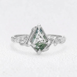 Leafy Kite Cut Moss Agate & Moissanite Engagement Ring.