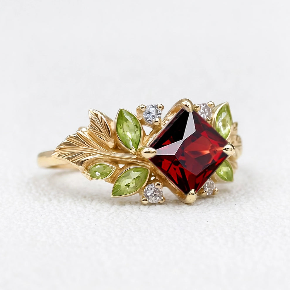 Scarlett’s Harvest | Square Leafy Red Garnet Engagement Ring.
