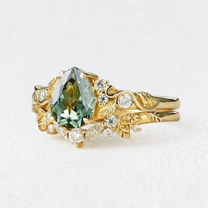 Sylvie’s Vine | 1.3CT Vintage Green Sapphire & Leaf Bridal Set 2pcs