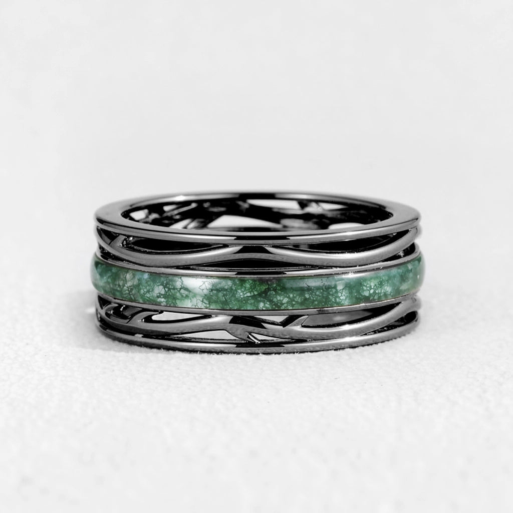 Odin’s Dominion | 8MM Moss Agate Men’s Ring with Openwork Branch Sides.