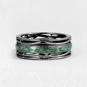 Odin’s Dominion | 8MM Moss Agate Men’s Ring with Openwork Branch Sides.