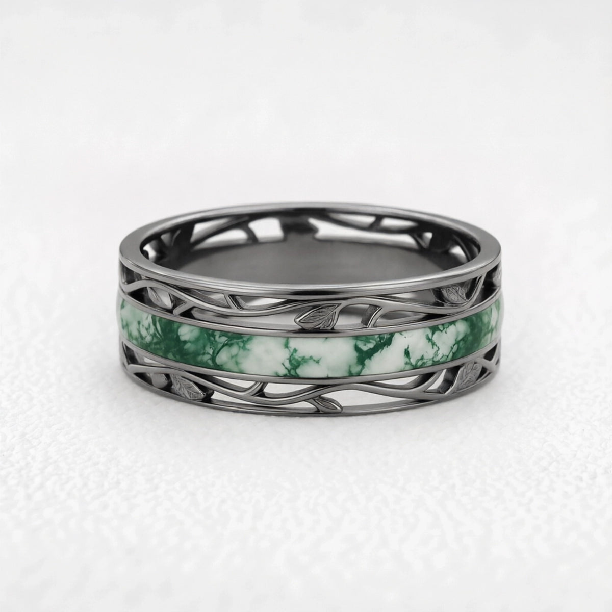Apollo’s Laurel | 8MM Moss Agate Men’s Ring with Openwork Leaf Sides