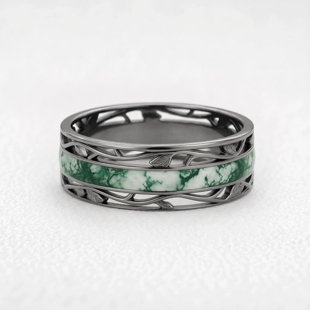 Apollo’s Laurel | 8MM Moss Agate Men’s Ring with Openwork Leaf Sides