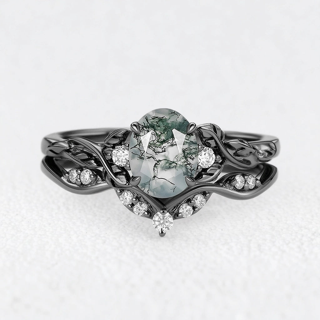 Oval Shaped Moss Agate Leafy Engagement Ring Set 2pcs