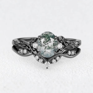 Oval Shaped Moss Agate Leafy Engagement Ring Set 2pcs