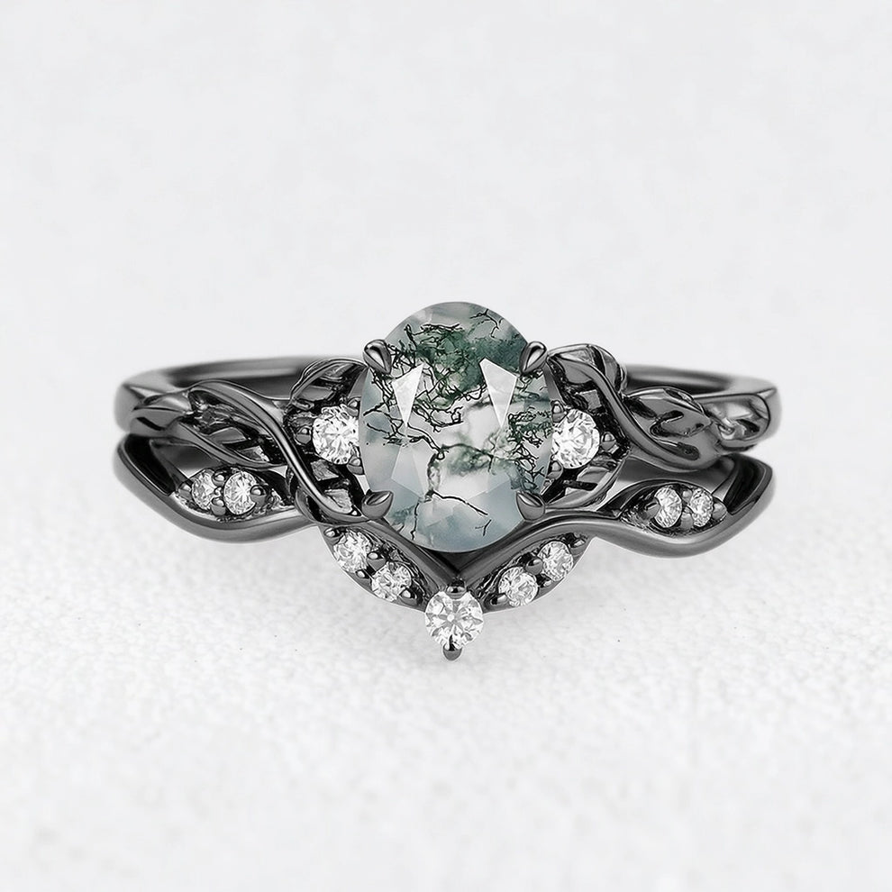 Oval Shaped Moss Agate Leafy Engagement Ring Set 2pcs