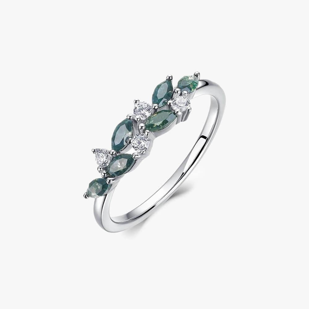 Minimalist Leaf Silver Moss Agate Ring.
