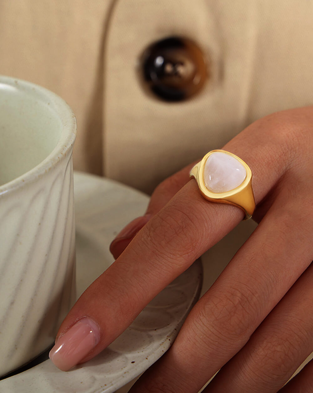Geometric Gold Natural Rose Quartz Ring