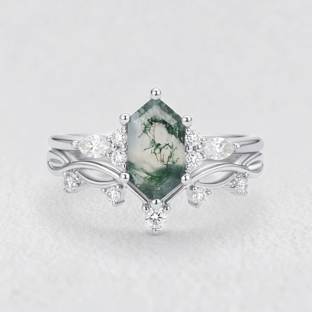 Maia’s Glade | Long Hexagon Moss Agate Leafy Couple Ring Set 3pcs.