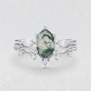 Maia’s Glade | Long Hexagon Moss Agate Leafy Couple Ring Set 3pcs.