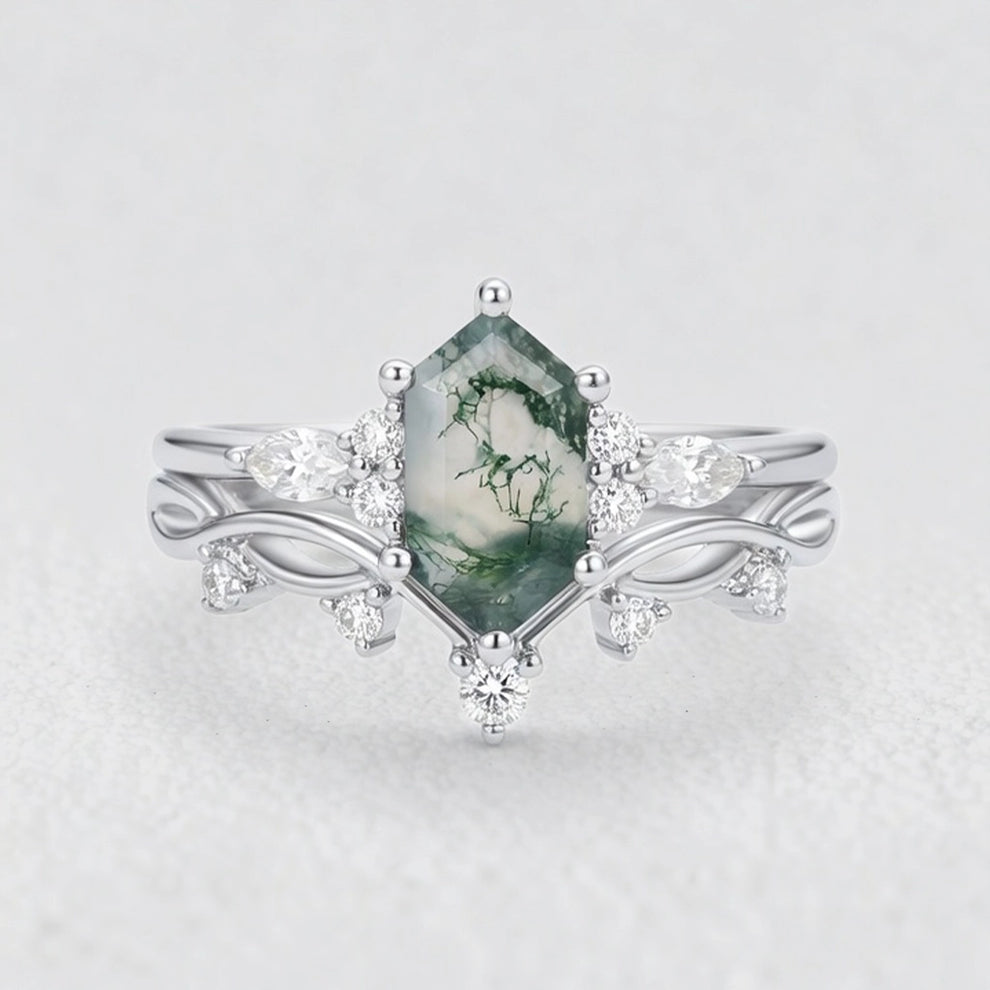 Maia’s Glade | Long Hexagon Moss Agate Leafy Couple Ring Set 3pcs.