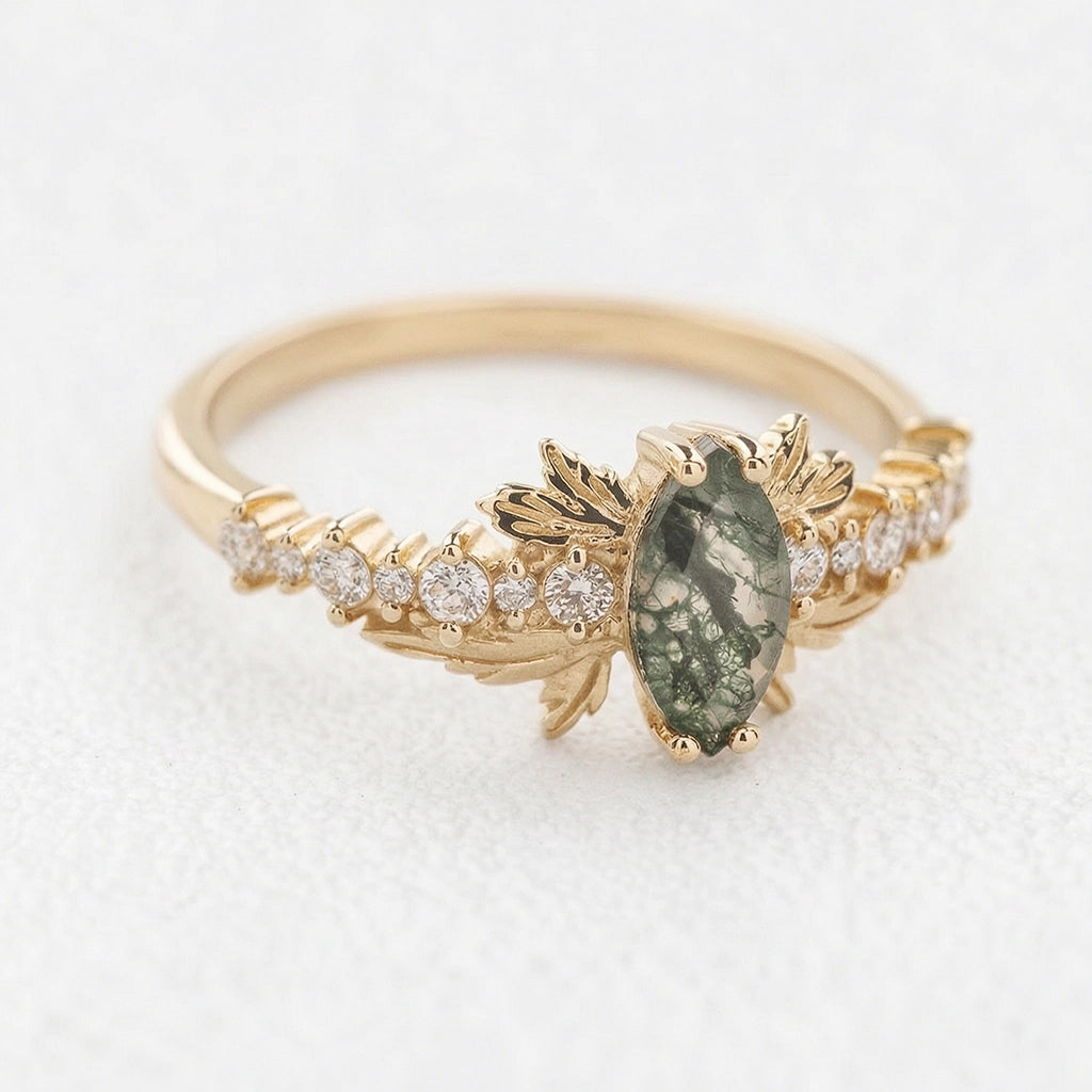 Aurora’s Moss Wing | Marquise Moss Agate Vintage Bridal Set 2pcs.