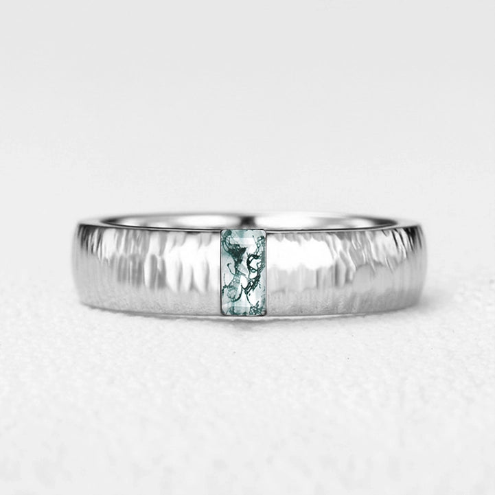 Silas’s Inlay | Moss Agate Textured Men's Wedding Band.