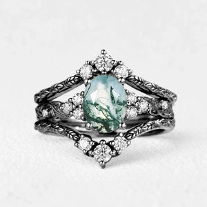 Hazel Blingflare Oval Moss Agate Filigree Ring Bridal Set 2pcs.