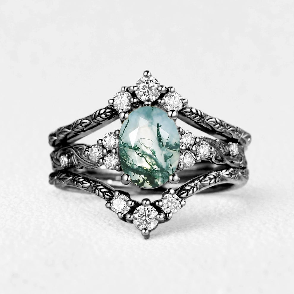 Hazel Blingflare Oval Moss Agate Filigree Ring Bridal Set 2pcs.